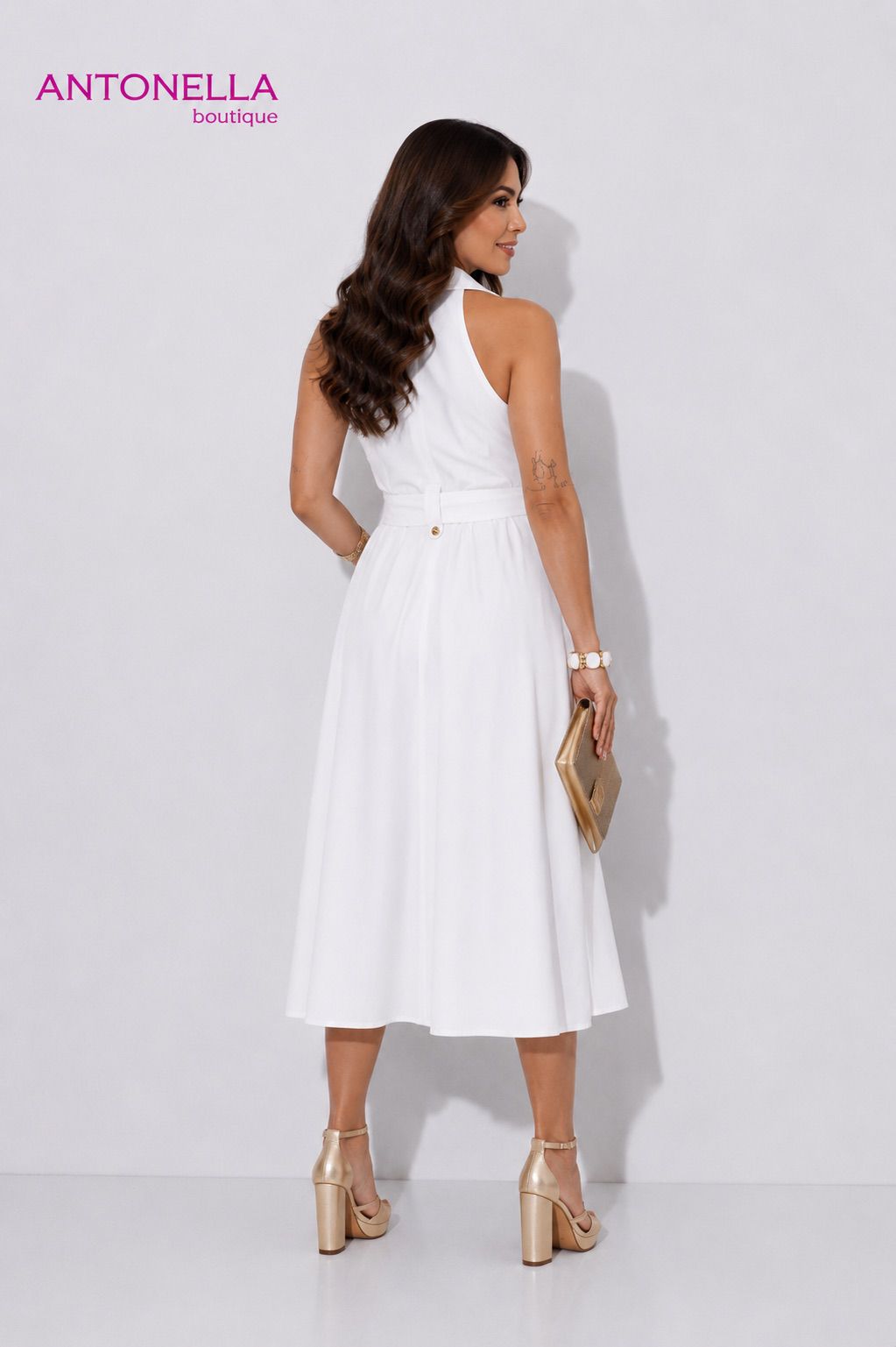Vestido Midi Blanco Botones Dorados – foto 2