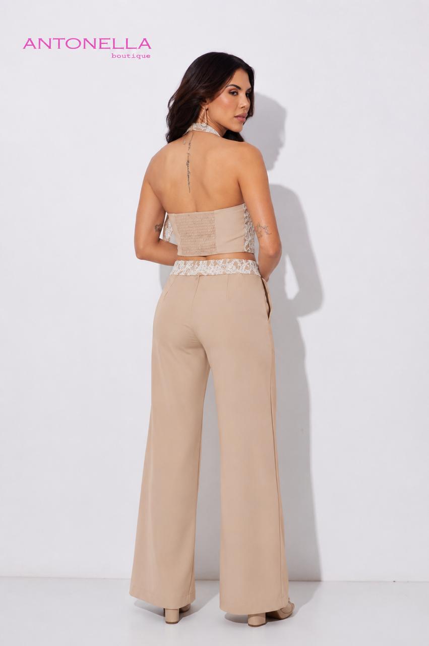 Set De Pantalon Beige Top Encaje