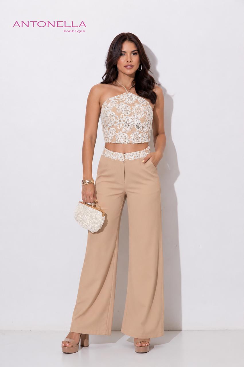 Set De Pantalon Beige Top Encaje