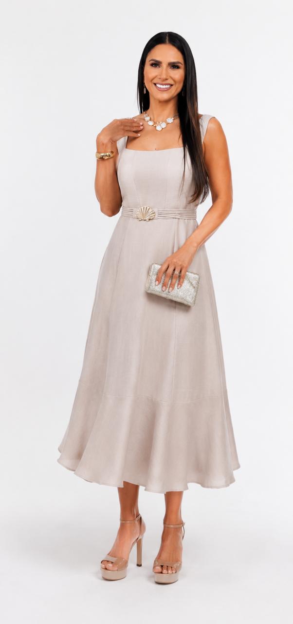 Vestido Midi Beige Broche Dorado – foto 1