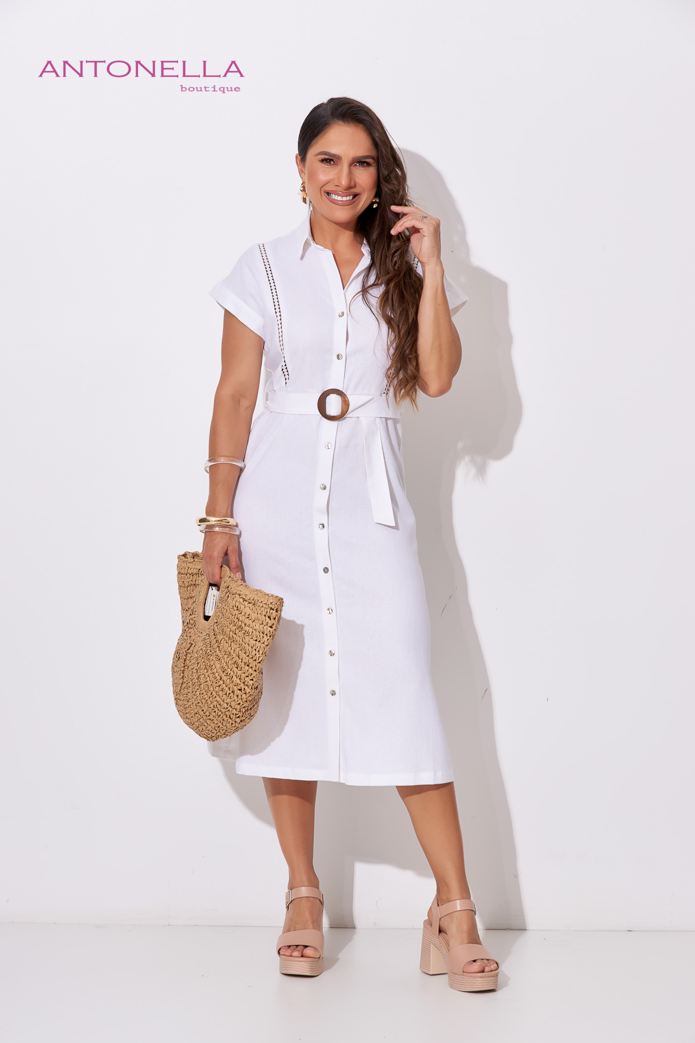 Vestido Midi Blanco Con Faja – foto 2