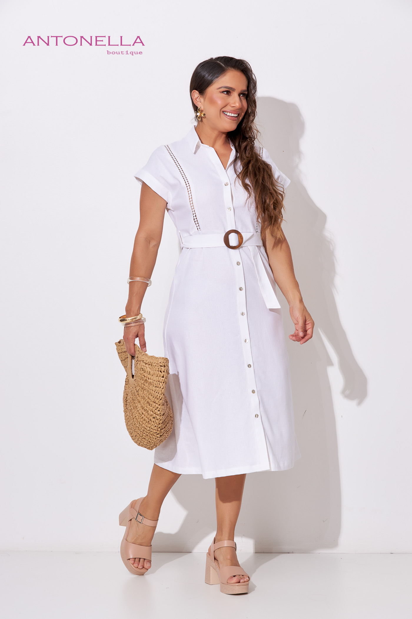 Vestido Midi Blanco Con Faja – foto 6