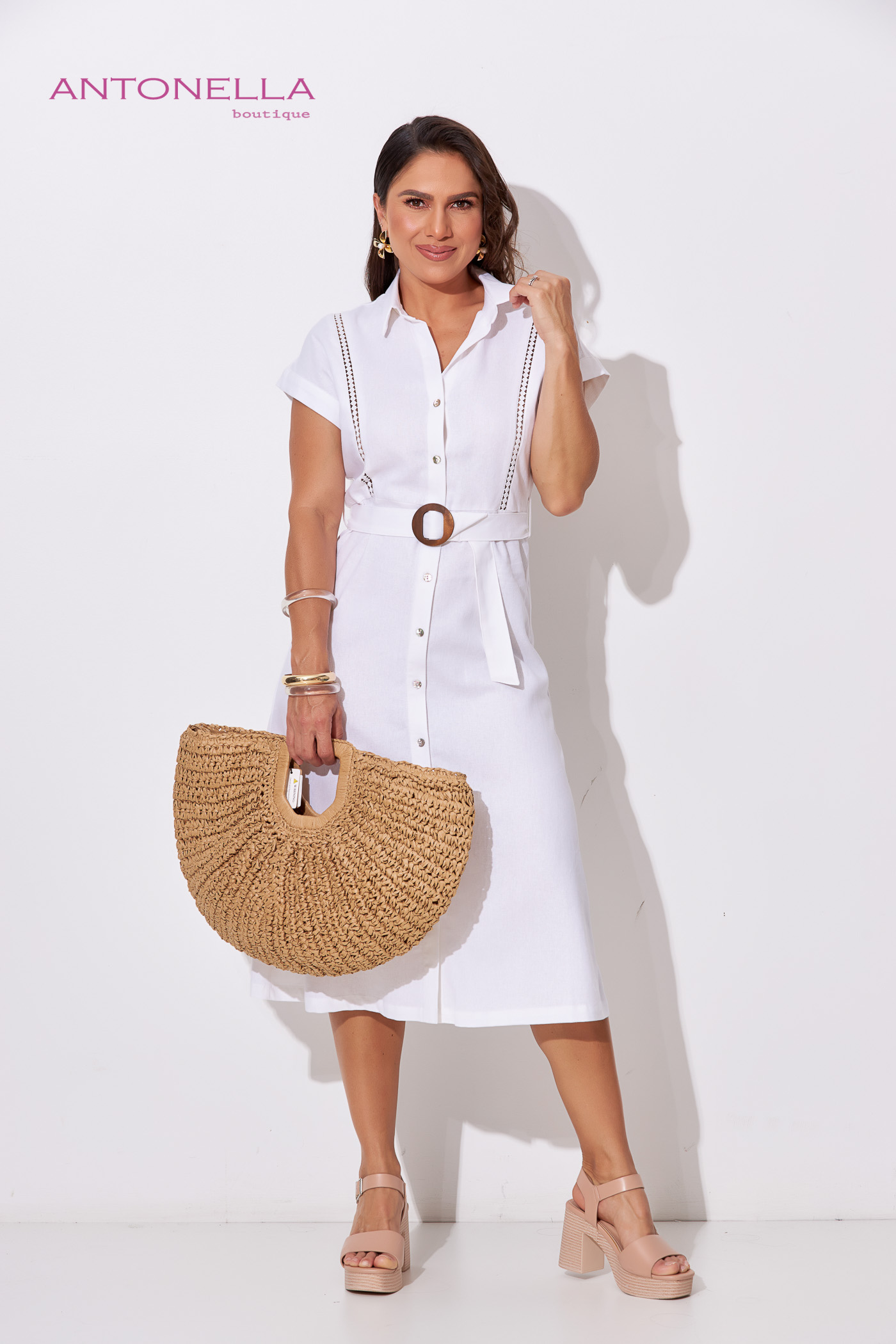 Vestido Midi Blanco Con Faja – foto 7