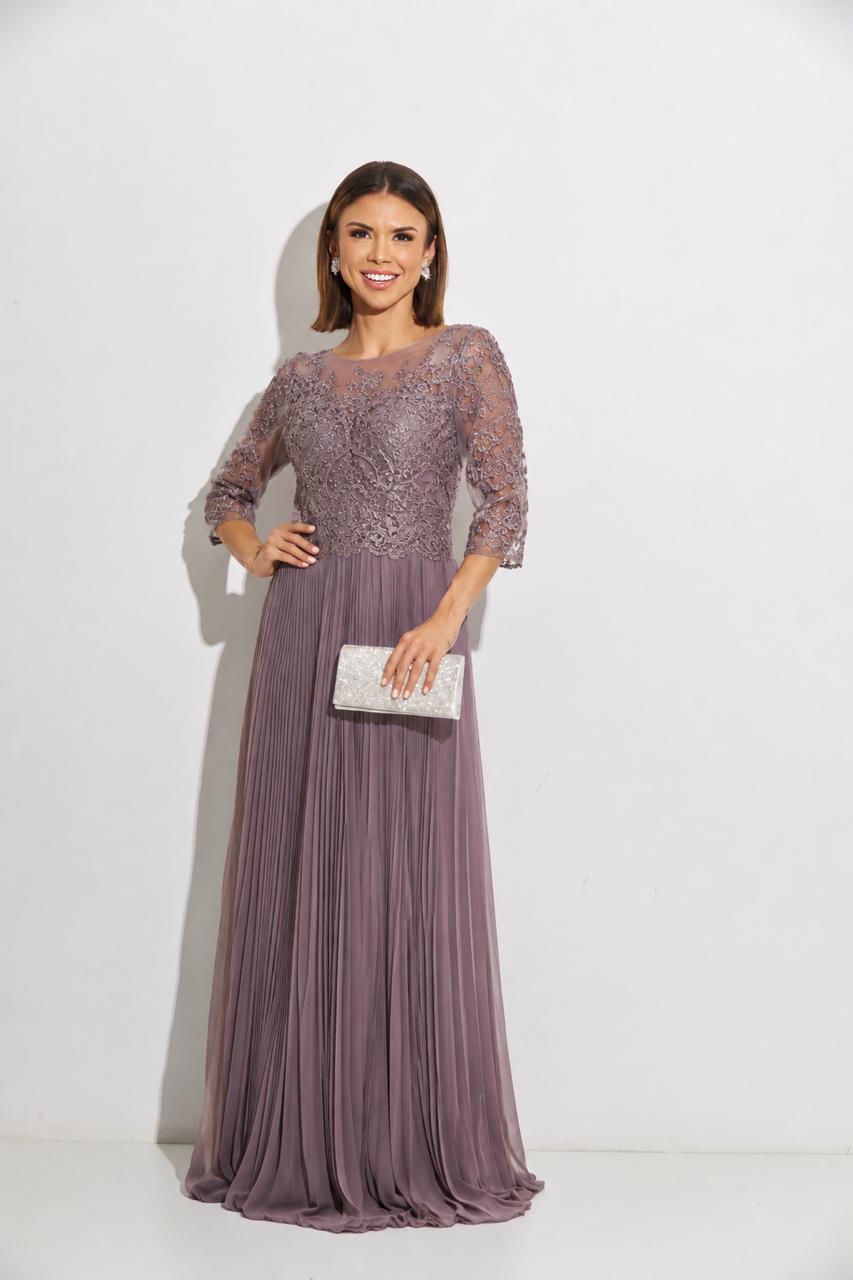 Vestido Gala Palo Rosa Manga Tres Cuartos Con Piedreria – foto 1