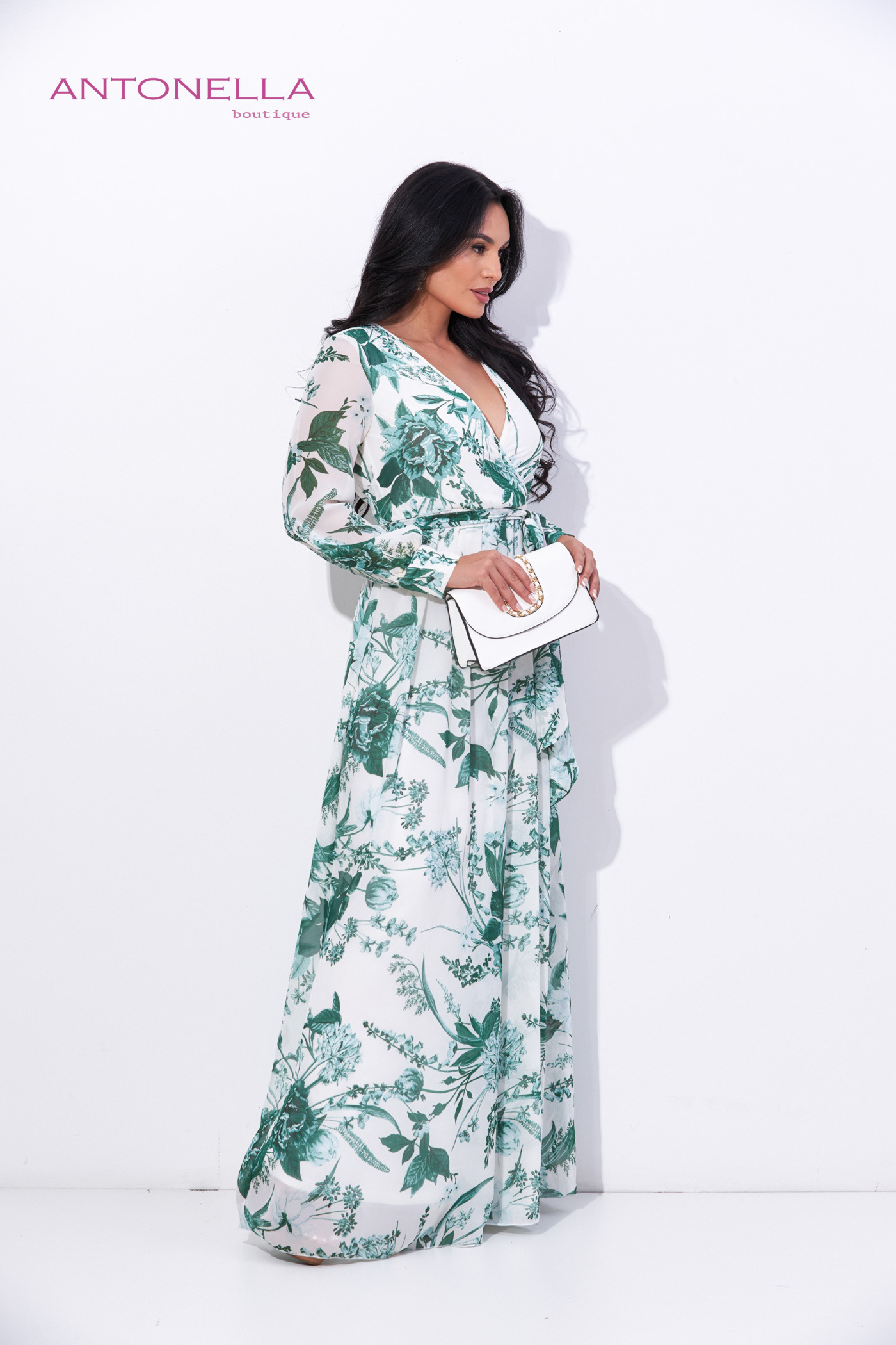 Vestido Largo Ivory Flores Verdes – foto 3