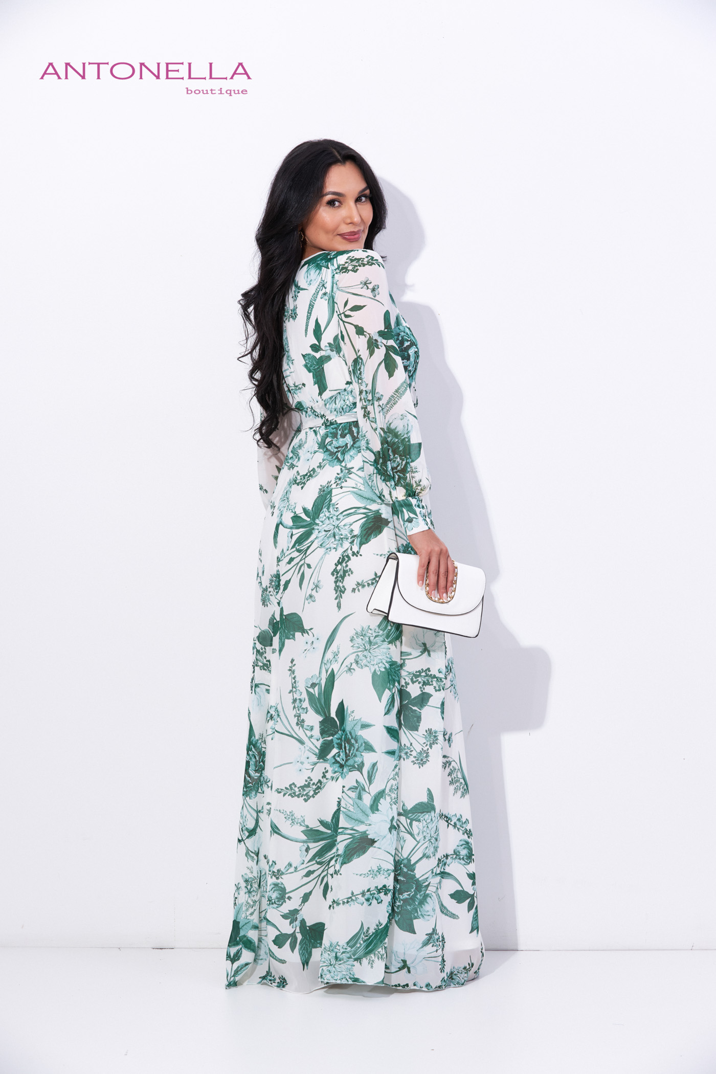 Vestido Largo Ivory Flores Verdes – foto 4