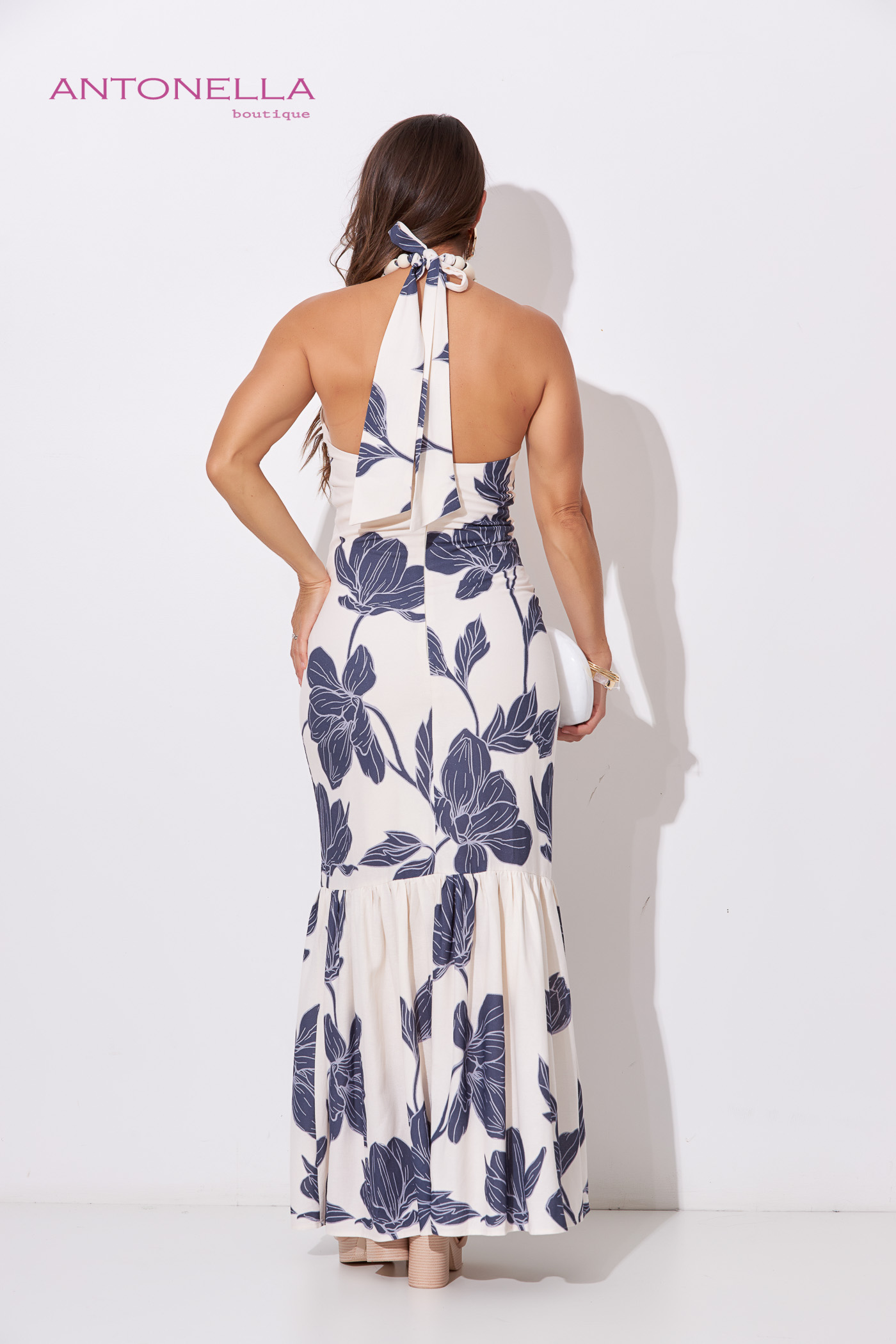 Vestido Largo Beige Flores Azules – foto 3