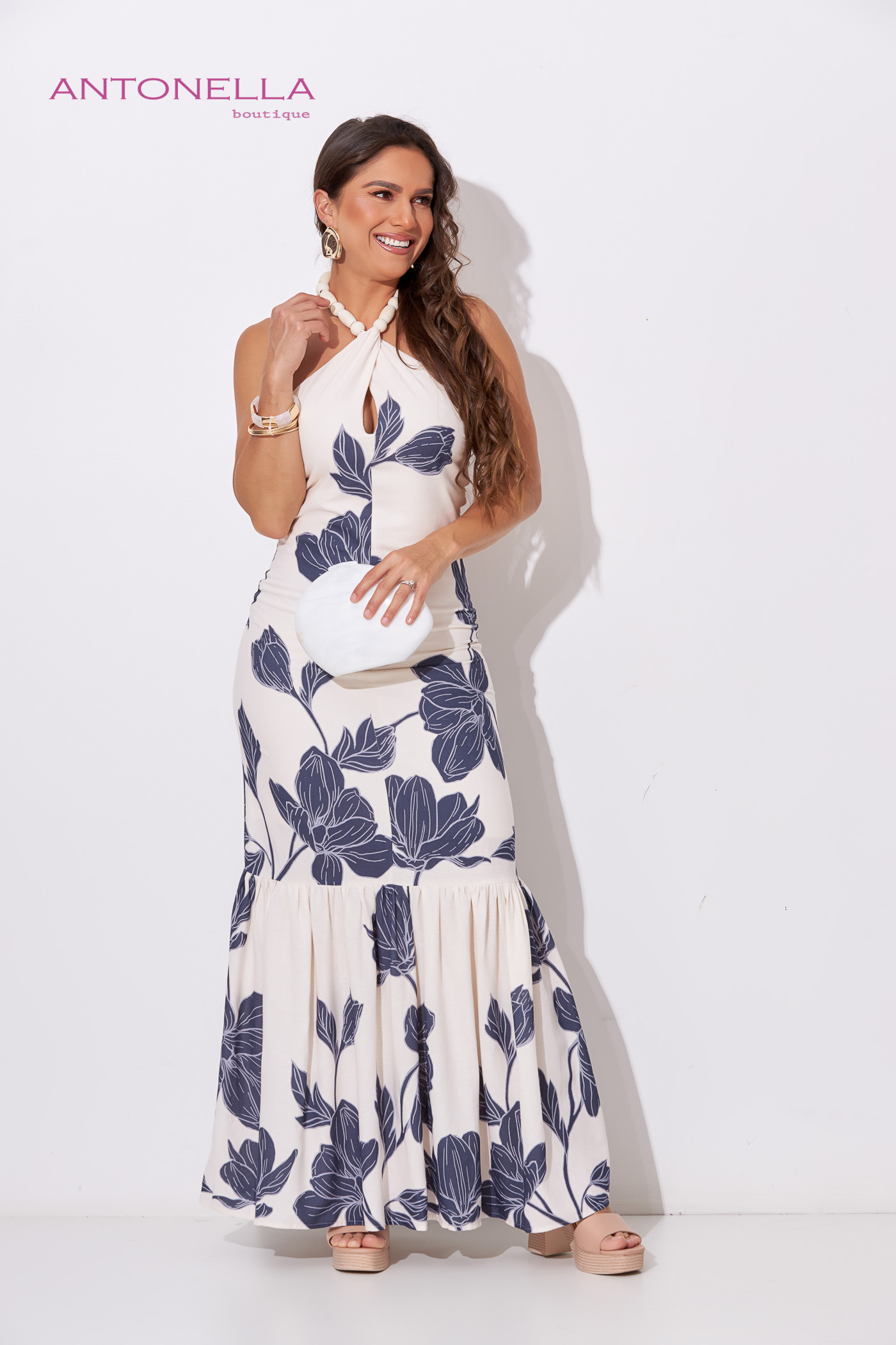 Vestido Largo Beige Flores Azules – foto 4