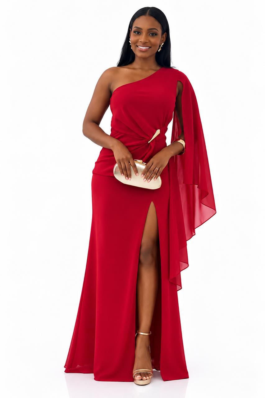 Vestido Largo Rojo Detalle Dorado – foto 1