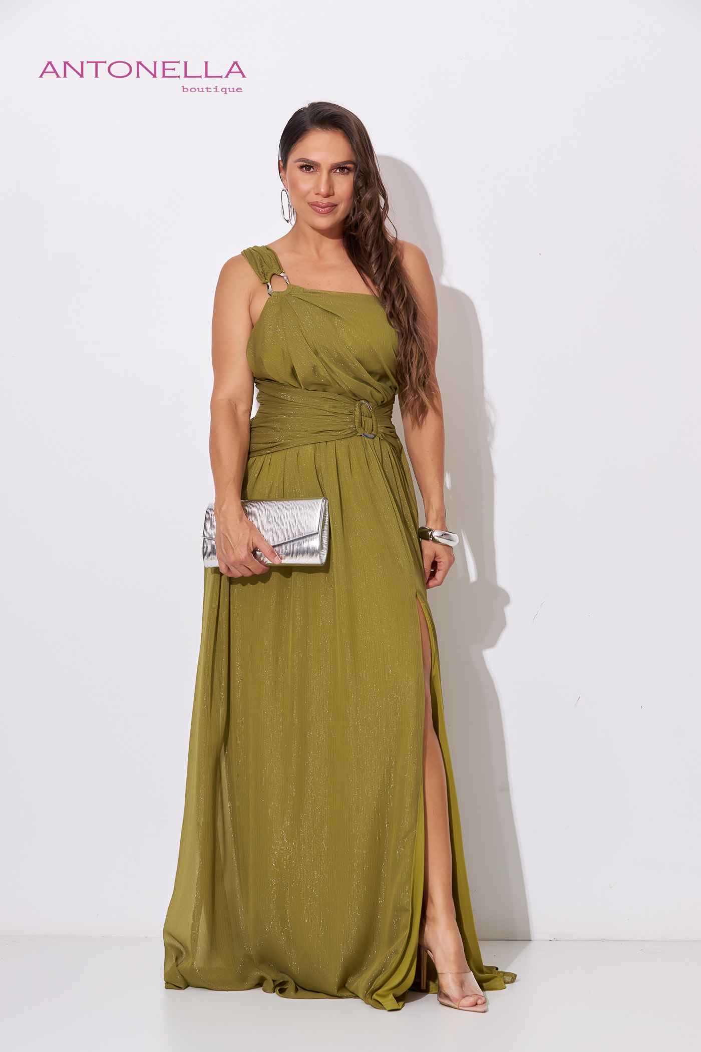 Vestido Gala Verde Oliva Aplique – foto 1