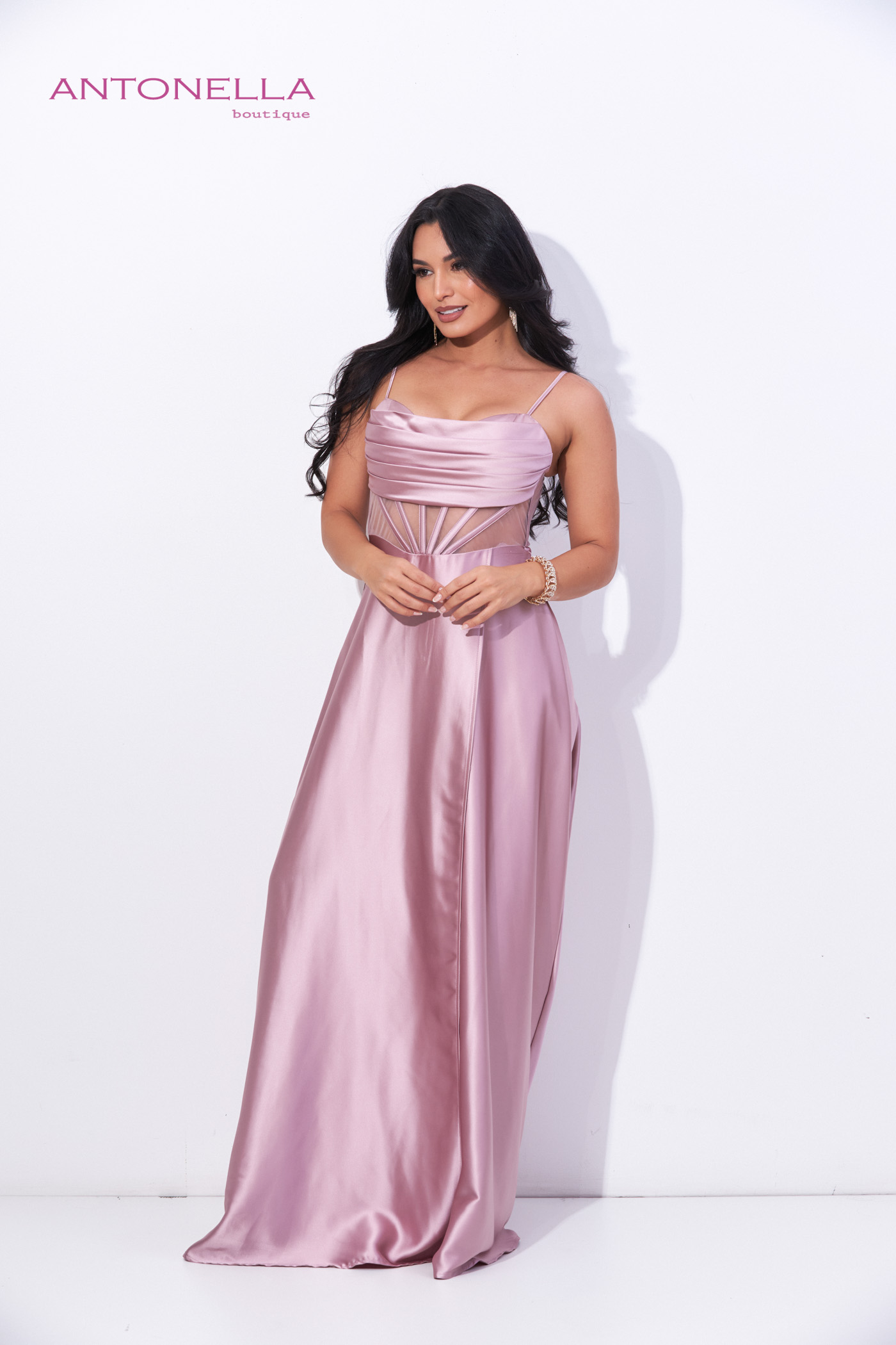 Vestido Gala Palo Rosa Transparencia Satin – foto 3