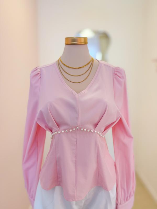Blusa Rosada, manga farol cuello v