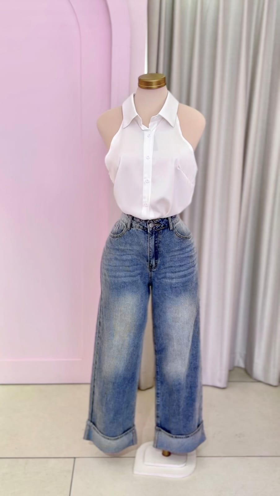 Jeans Celeste ancho, con ruedo - Girly Basics