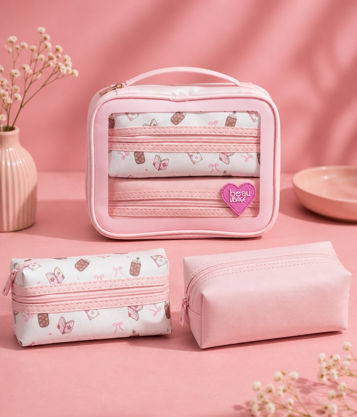 Set de 3 Cosmetiqueras Rosadas Beau Visage