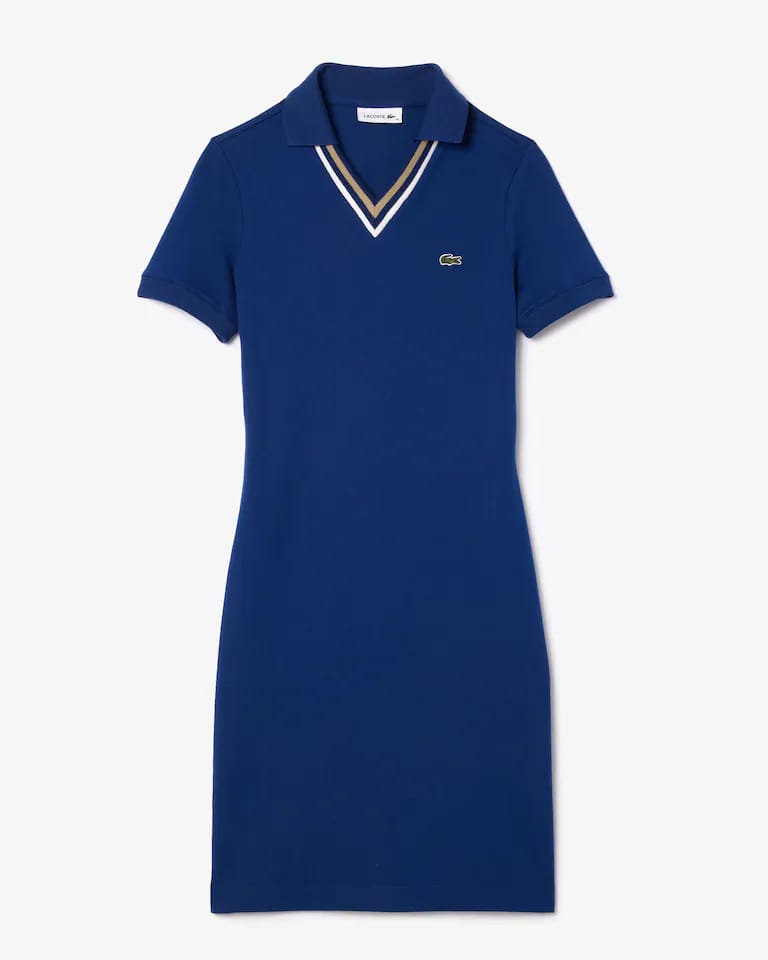 Vestido polo de piqué elástico con escote en V y corte ajustado para mujer – foto 1